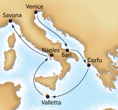 Mediterranean Colours III cruise map-european cruise vacation- Costa Cruises