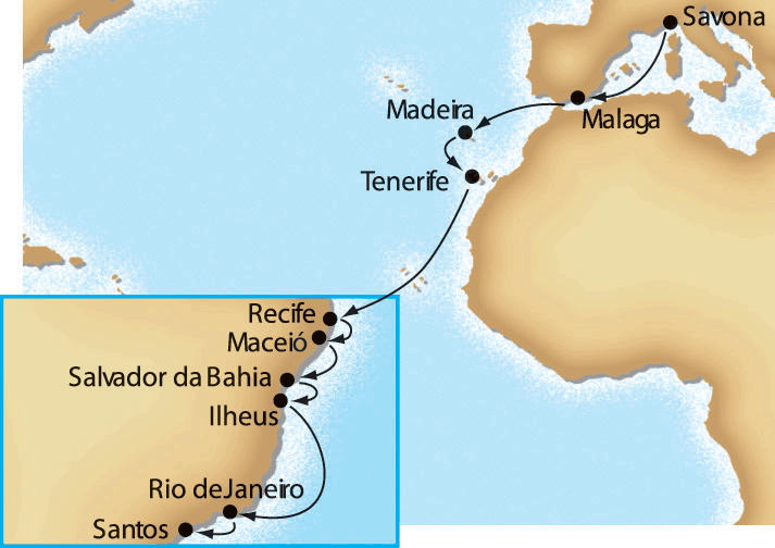 Spring Voyage from South America cruise map-costa victoria cruise ship- Costa Cruises