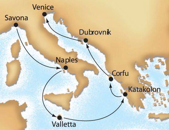 Vernissage cruise map-mediterranean cruise vacation- Costa Cruises